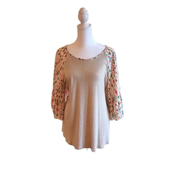 Boutique Tops - Boho Chic Beige Top with Floral Sleeves - Perfect for Spring & Summer!